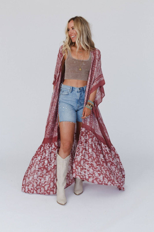 Three Bird Nest Paisley Tapestry Free Flow Duster Kimono - Wine - Suburban Boho