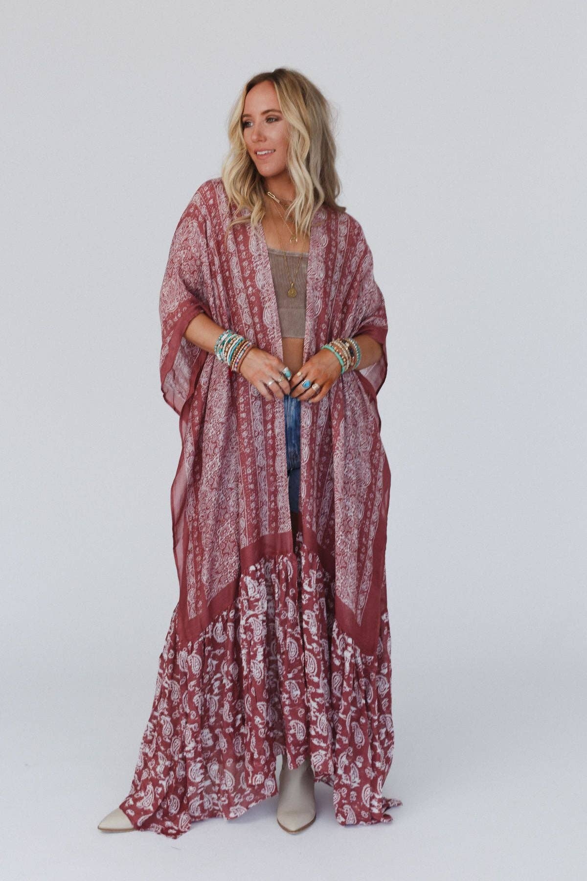 Three Bird Nest Paisley Tapestry Free Flow Duster Kimono - Wine - Suburban Boho