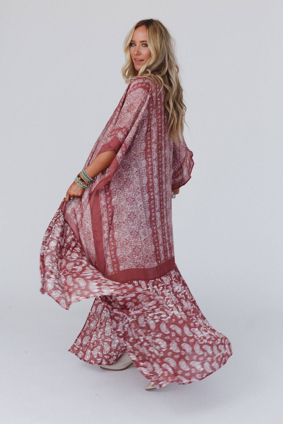 Three Bird Nest Paisley Tapestry Free Flow Duster Kimono - Wine - Suburban Boho