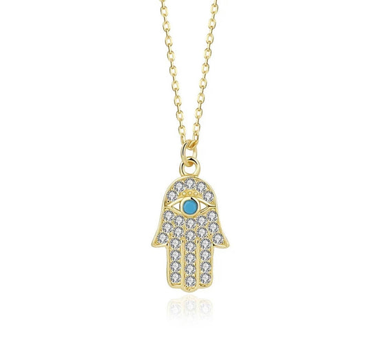 Turquoise Zircon Hamsa Hand Necklace 18K Gold over Sterling Silver - Suburban Boho